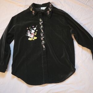 Vintage Disney Store Black Velvet Blouse with Mickey and Minnie Embroidery